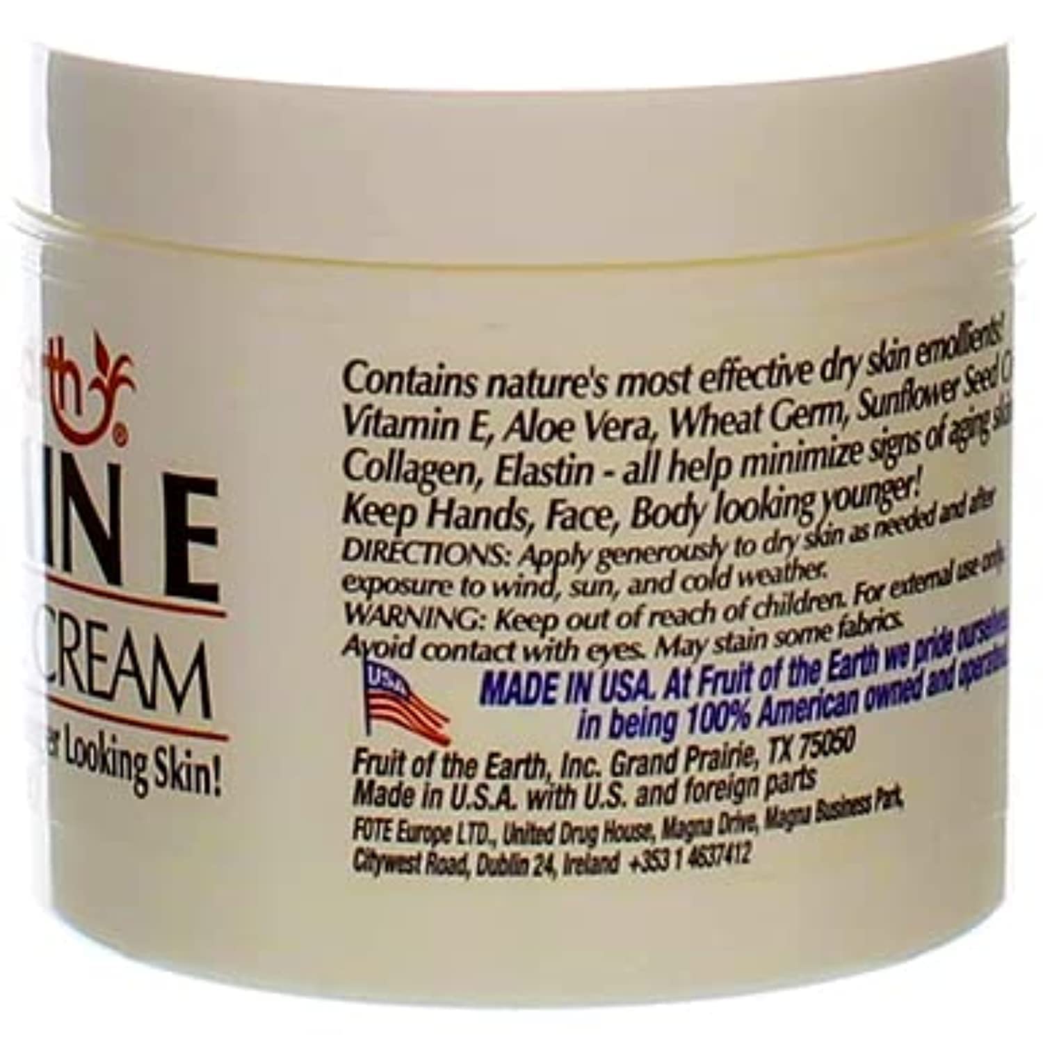 Fruit of the Earth Vitamin E Skin Care Cream on a bathroom shelf.