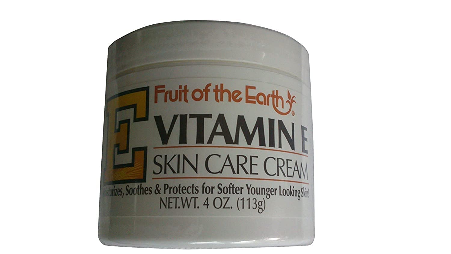 Fruit of the Earth Vitamin E Skin Care Cream bottle demonstrates versatile emollients for daily use.
