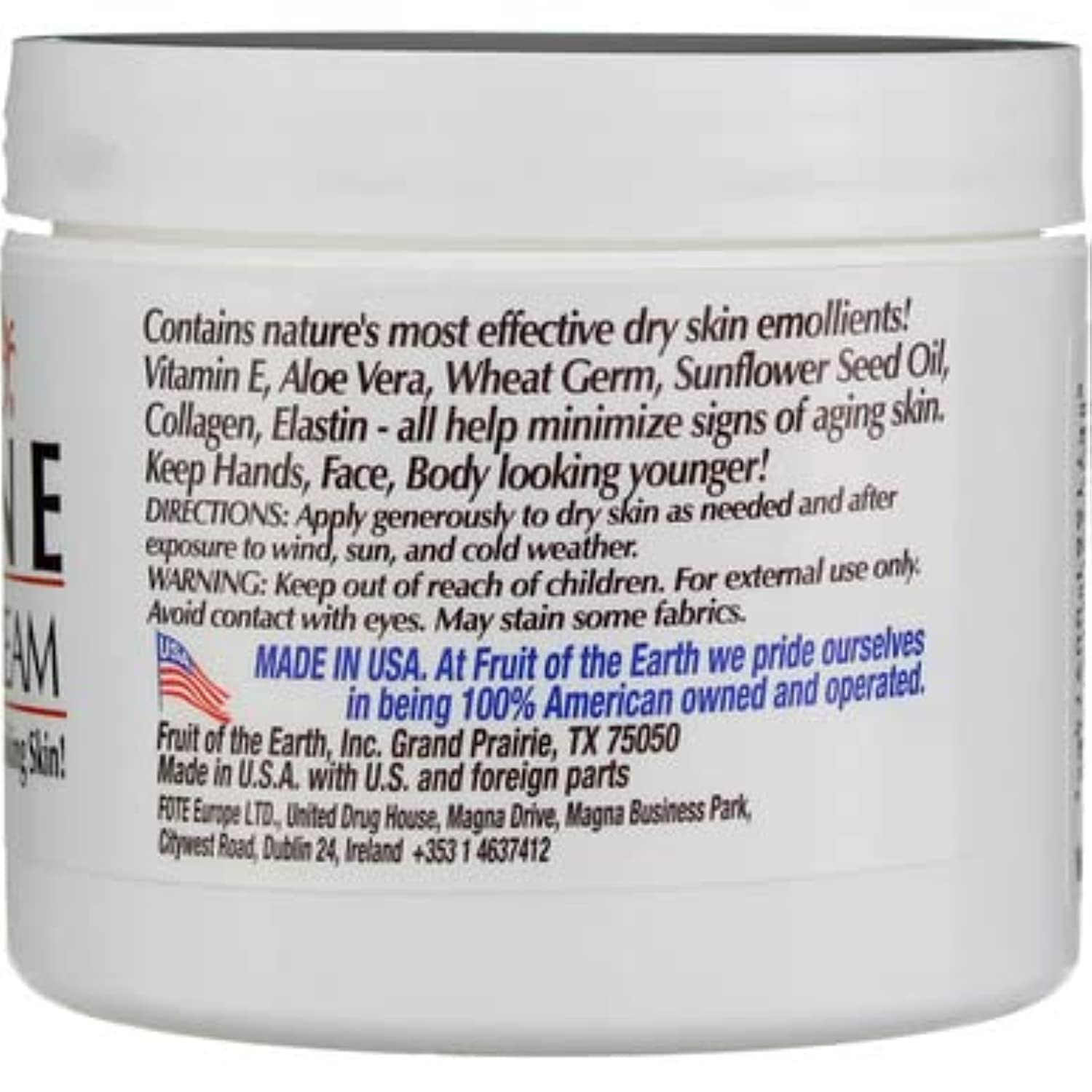 Fruit of the Earth Vitamin E Skin Care Cream label closeup highlights ingredients.