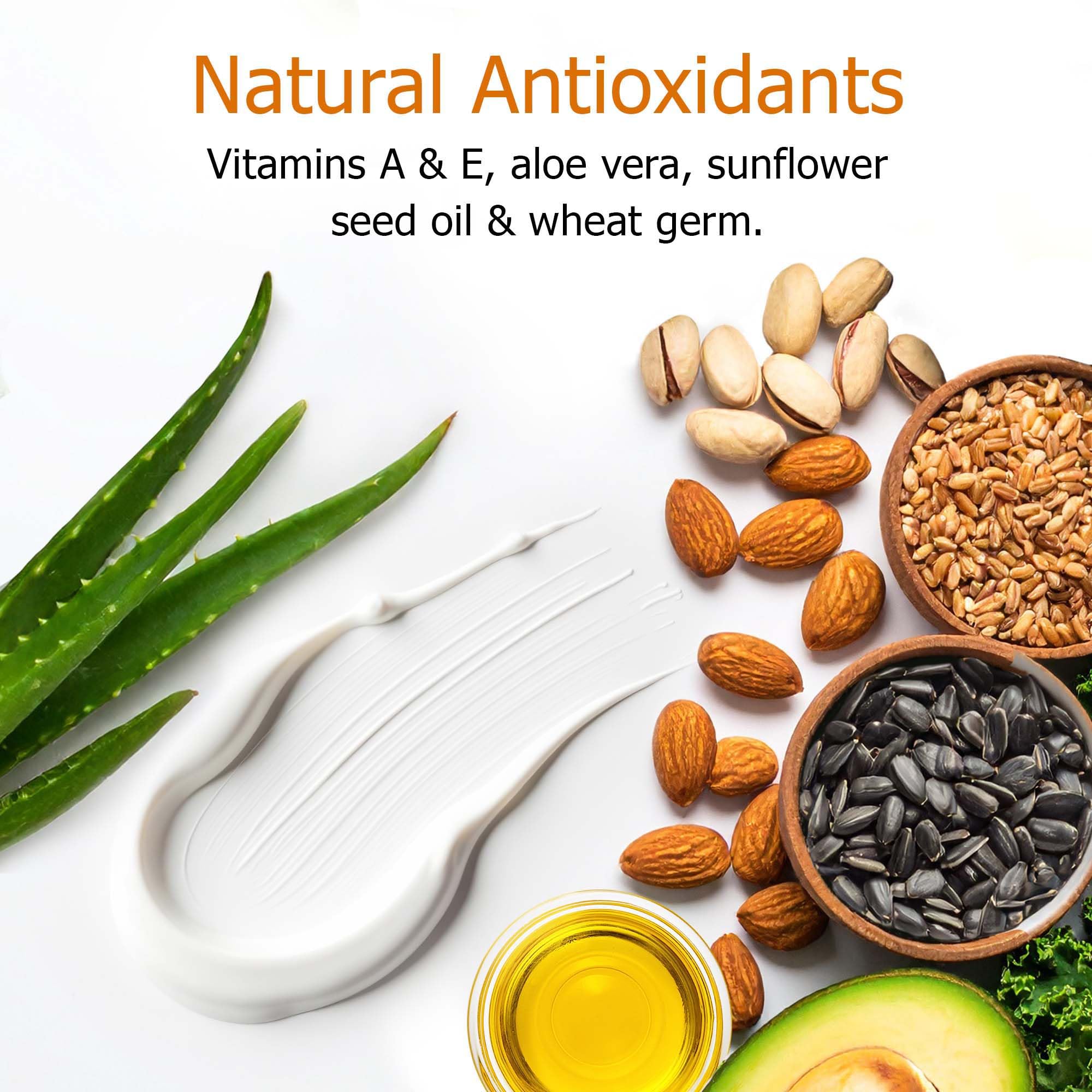 Ingredientes naturales de Fruit of the Earth Vitamina E: aloe vera y aceites para la piel.