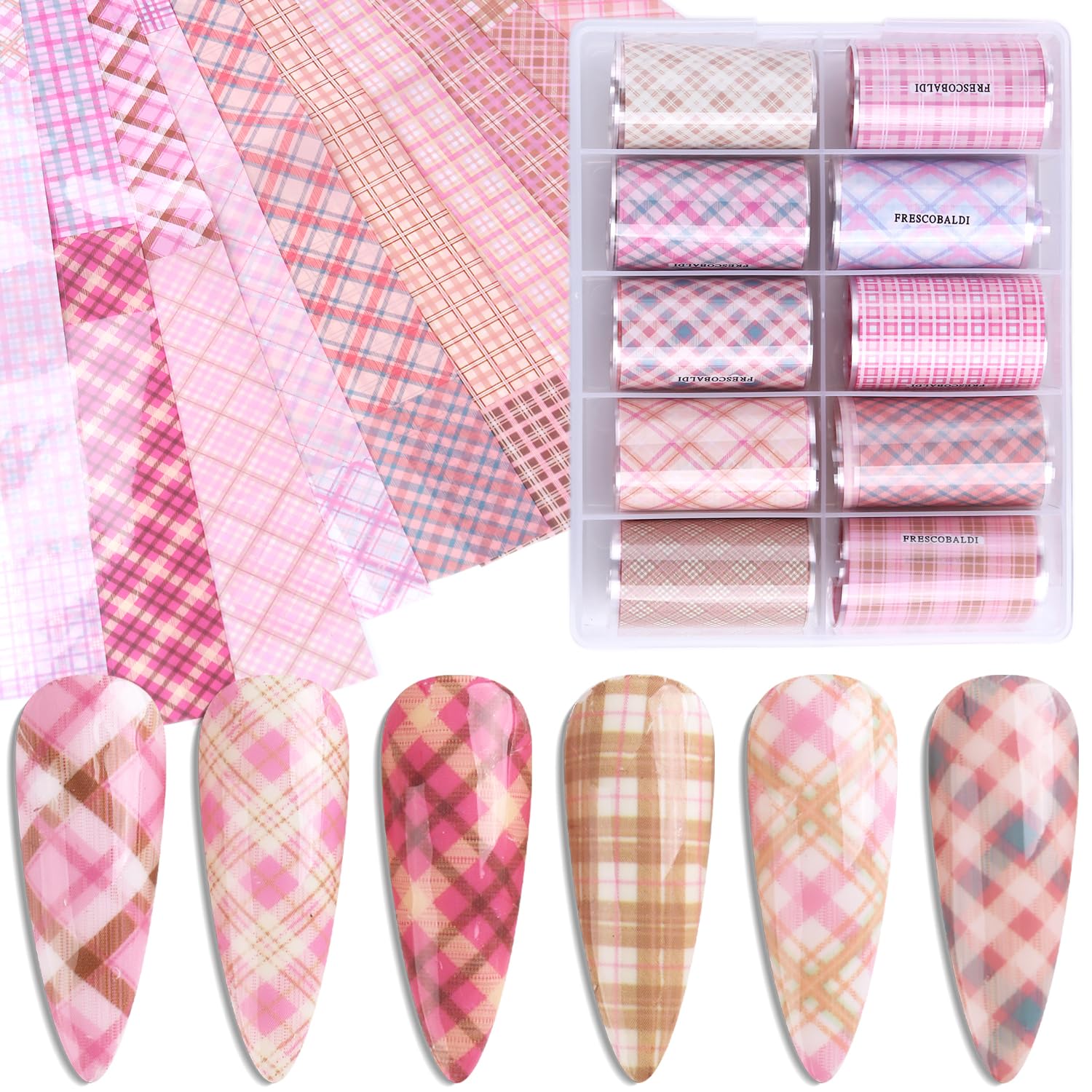 FSpronail láminas plaid rosa en rollos para decoración rápida de uñas.