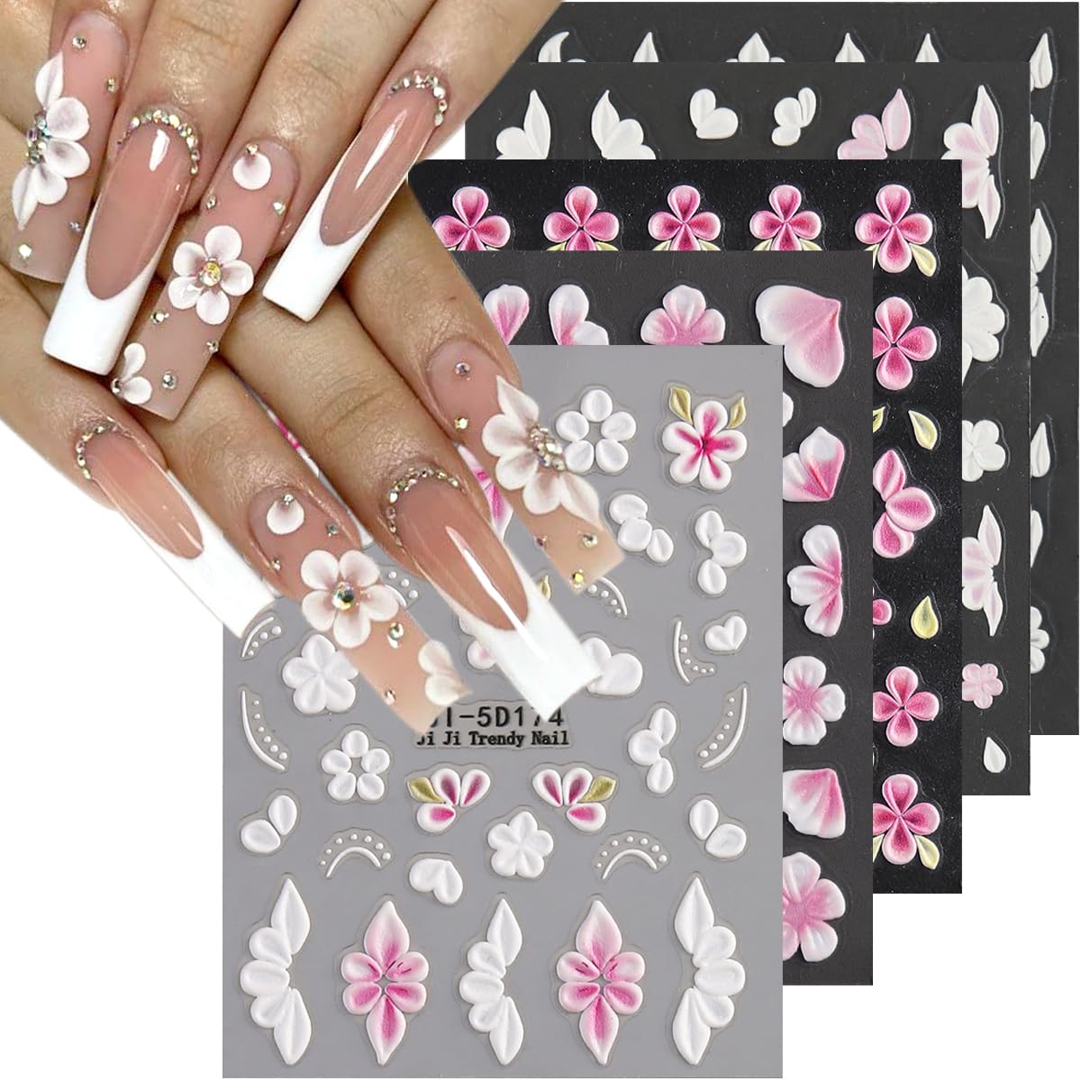 FSpronail pegatinas 5D de flores en relieve para uñas, añade elegancia duradera.