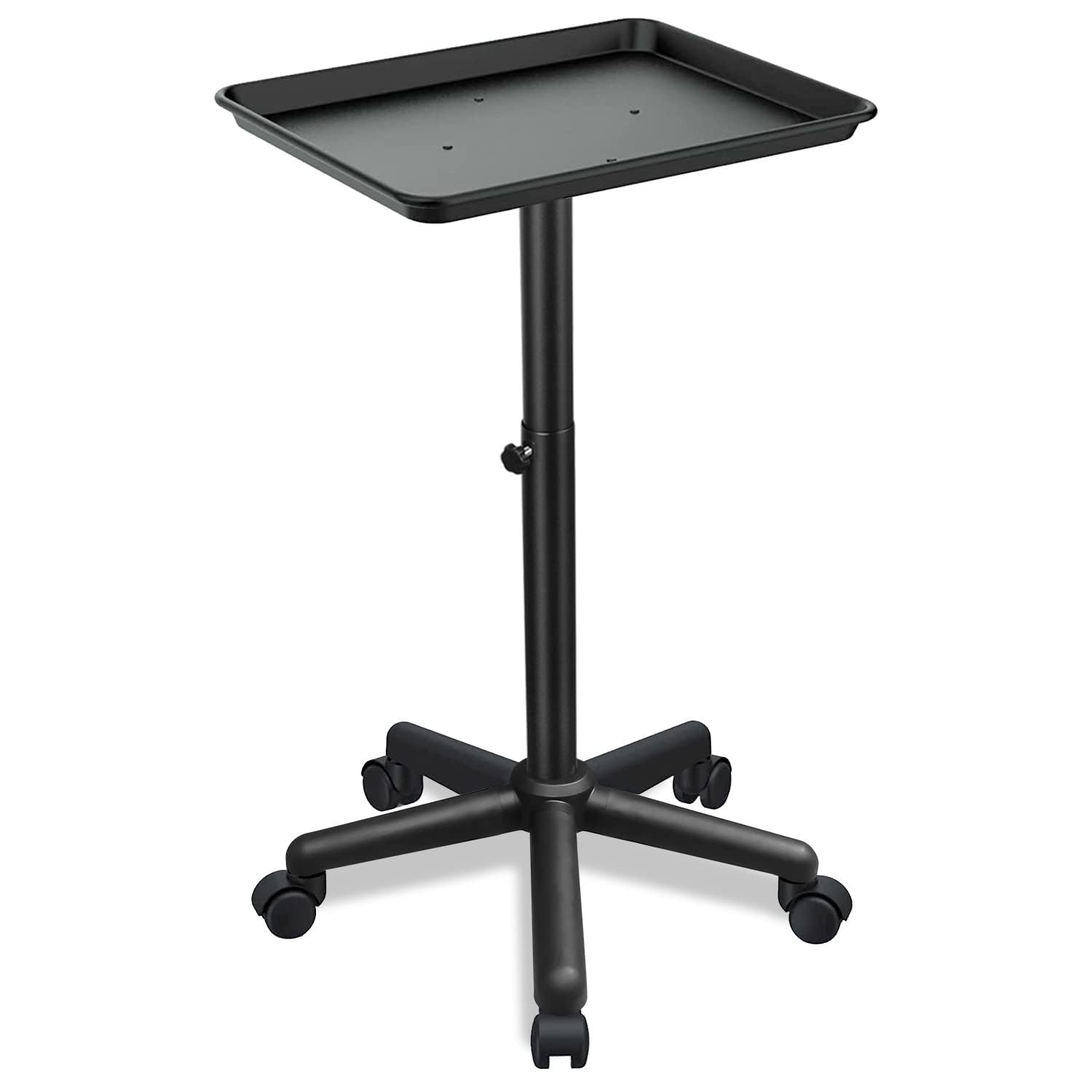 Fuehomue salon tray cart side view with wheels, sturdy metal design.