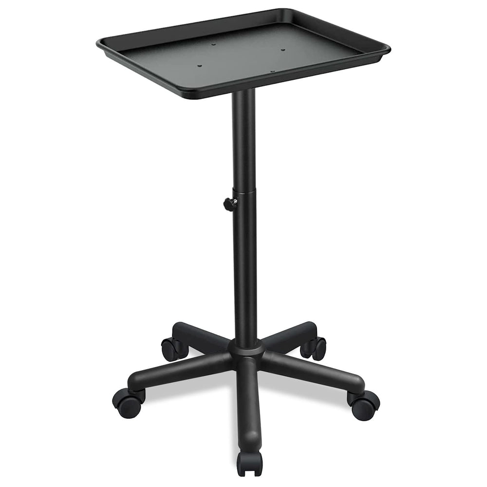 Fuehomue salon tray cart side view with wheels, sturdy metal design.