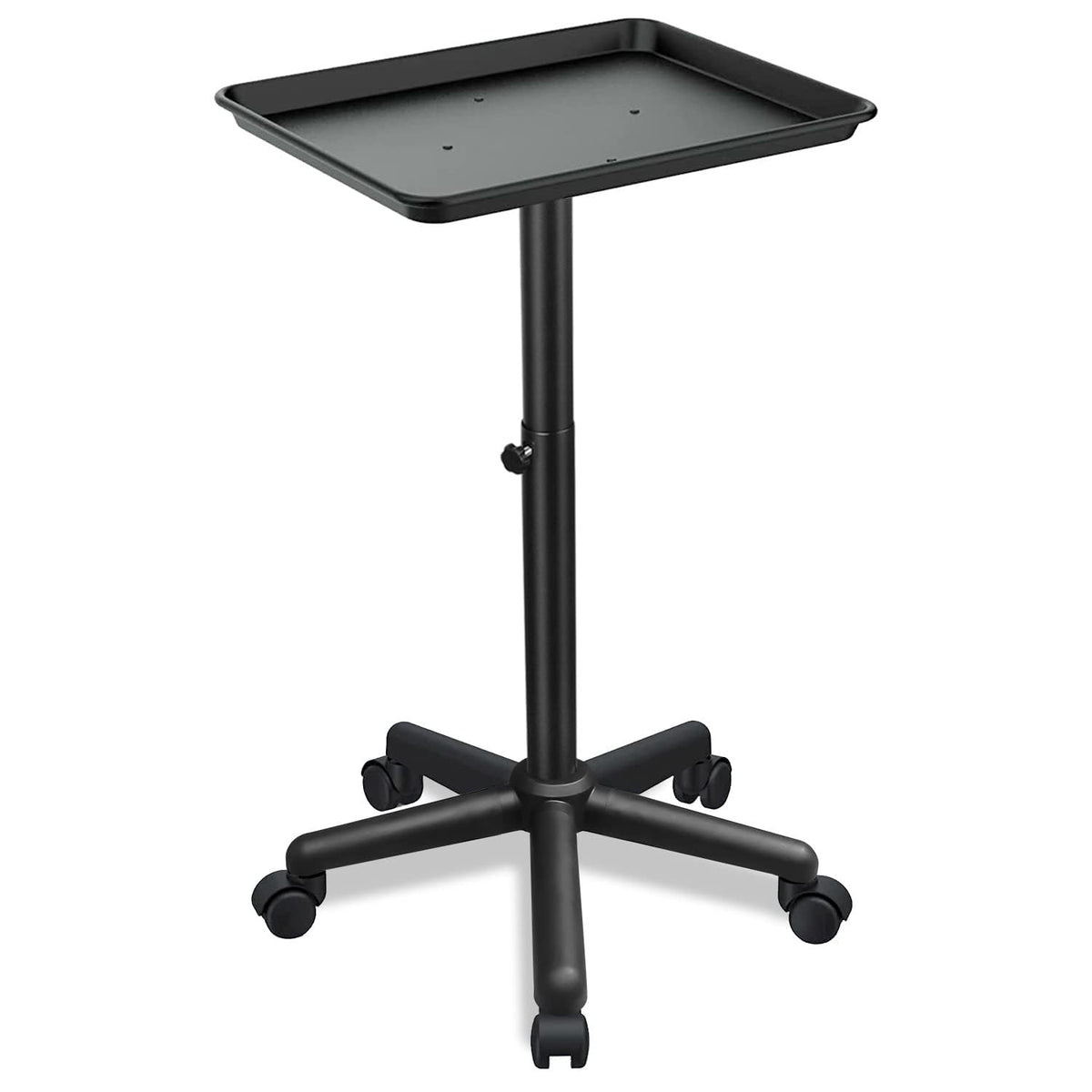 Fuehomue salon tray cart side view with wheels, sturdy metal design.