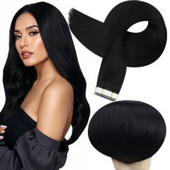 Full Shine Real Hair tape-in extensions, 24 inch jet black, double-sided for seamless blend.