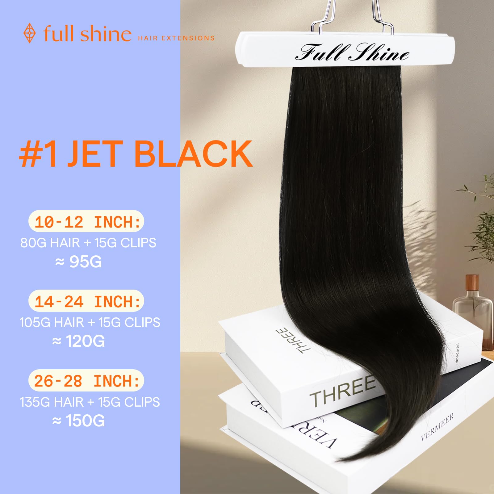 Full Shine Remy hair jet black weft clip-in for silky, durable shine