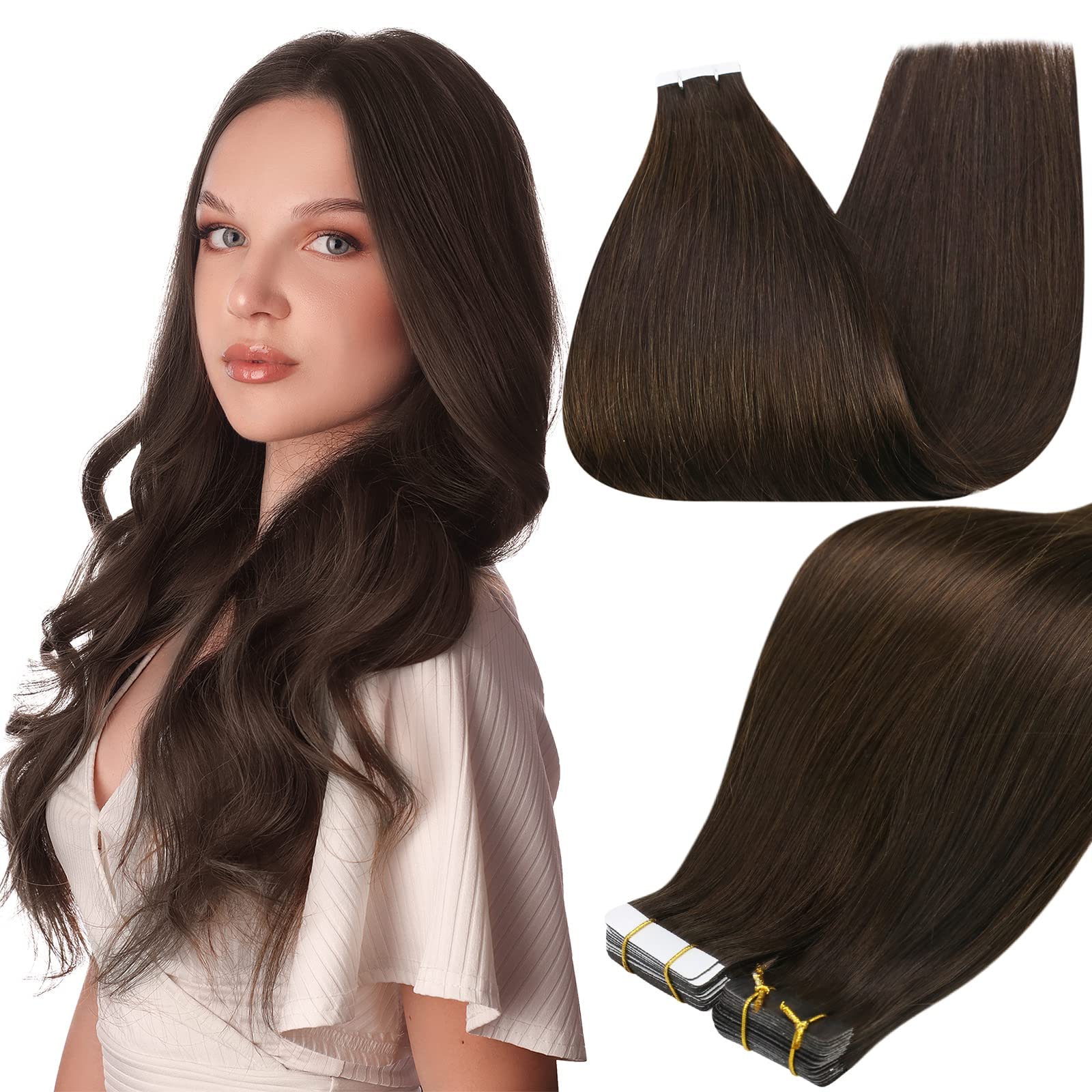 Full Shine tape-in extensions in darkest brown blend seamlessly at the scalp for a natural look.
