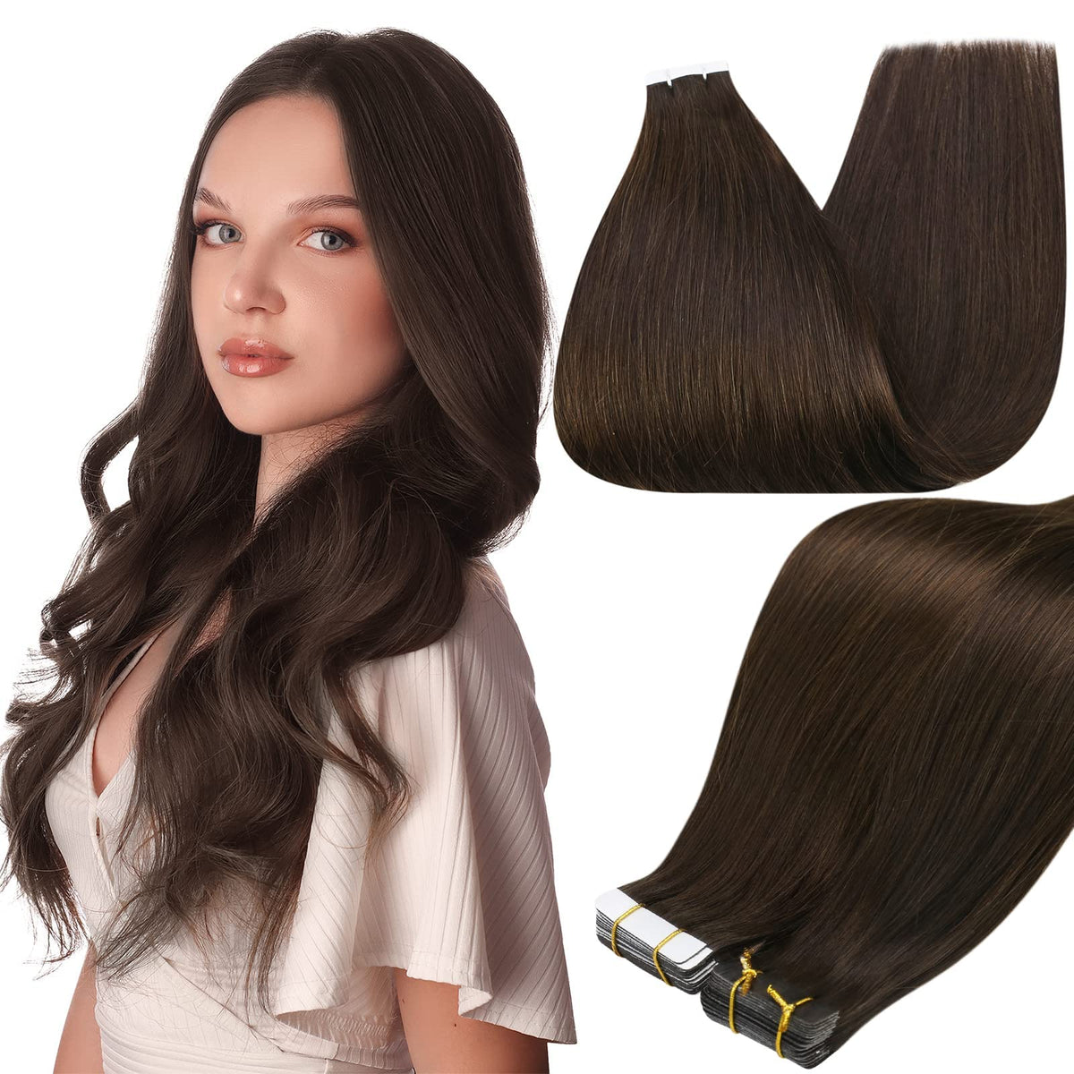 Full Shine tape-in extensions in darkest brown blend seamlessly at the scalp for a natural look.