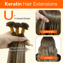 Full Shine U Tip extensions showing cuticle-aligned strands to reduce tangling.