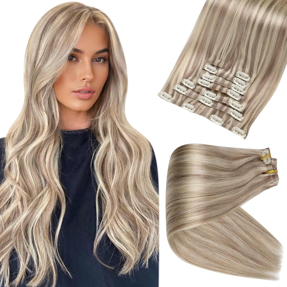 Full Shine blonde clip-in extensions for natural volume and seamless blending.