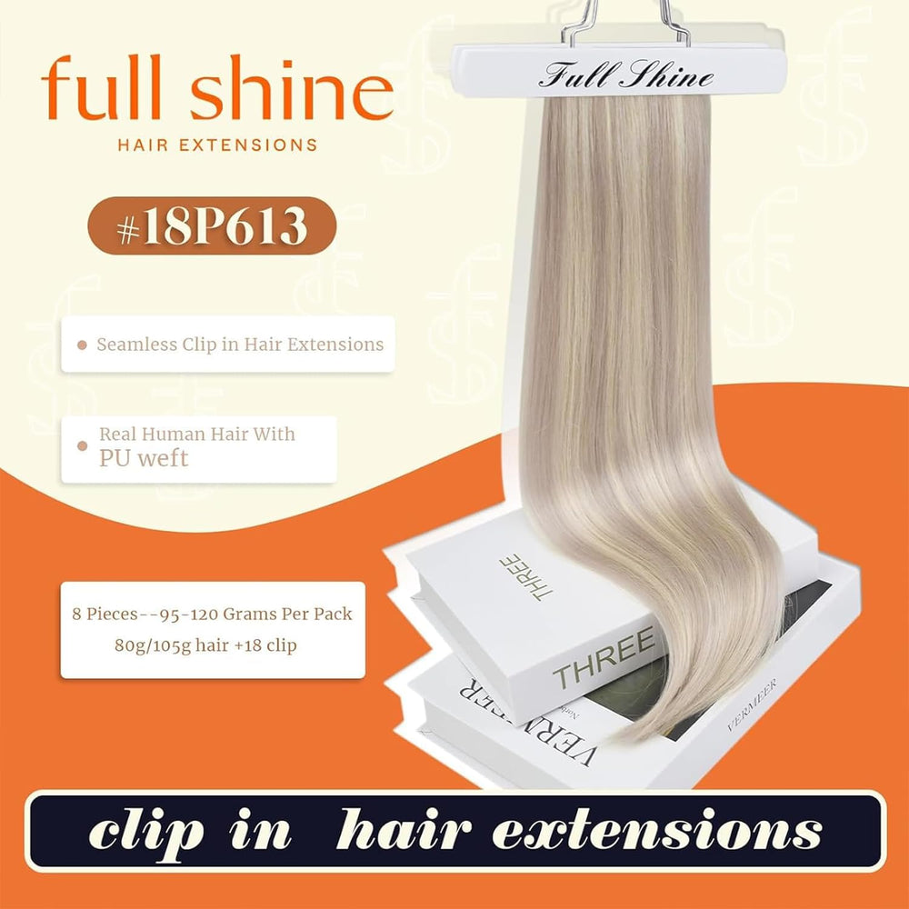 Full Shine real human hair clip-ins with soft texture for styling ease.
