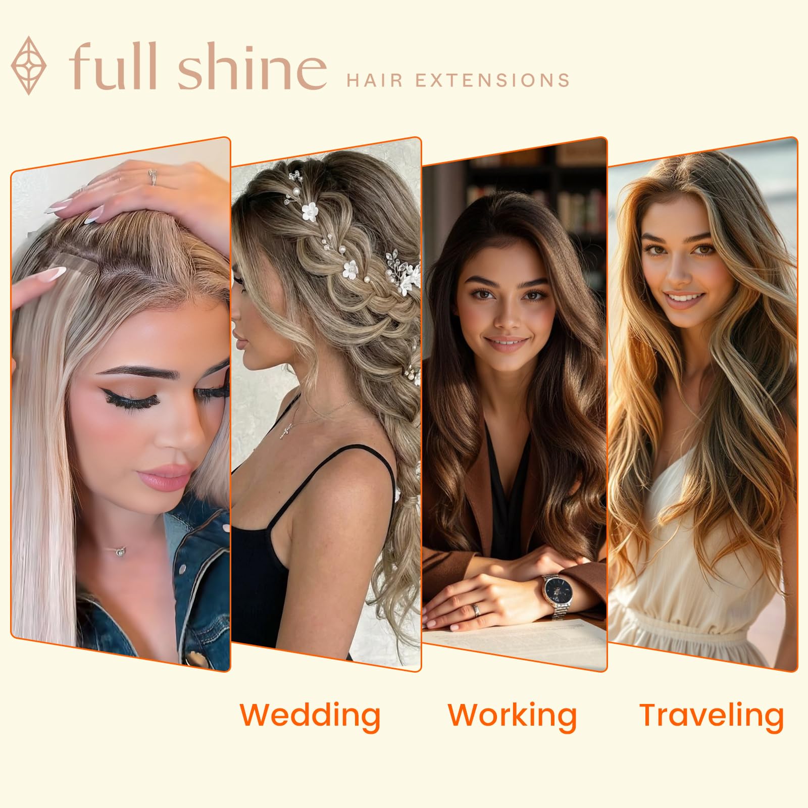 Full Shine tape-in extensions with discreet tapes for secure bonding.