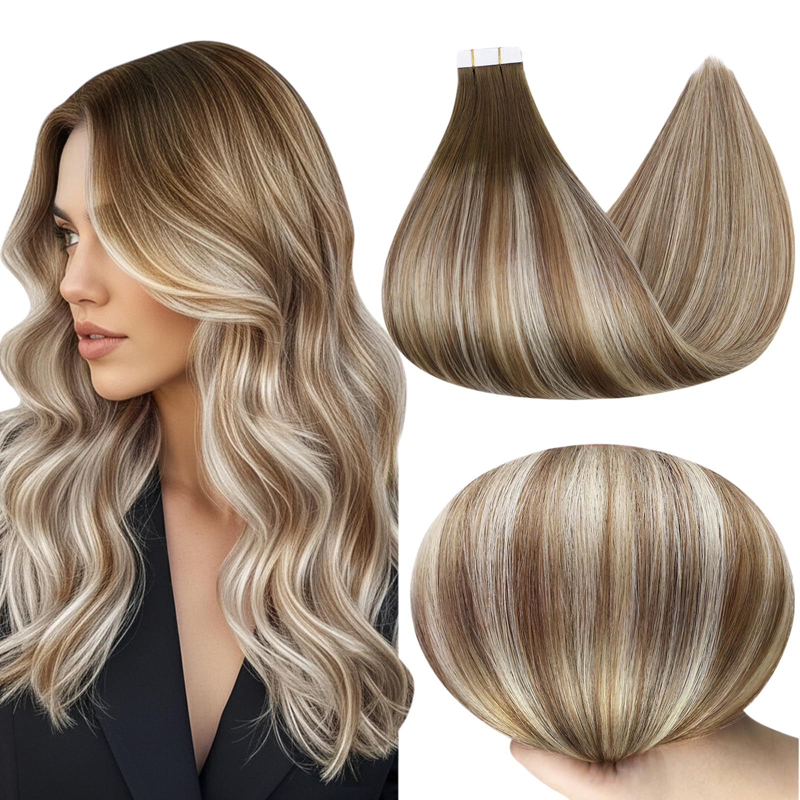 Full Shine tape-in extensions in dark brown, 18 inches, seamless blend.