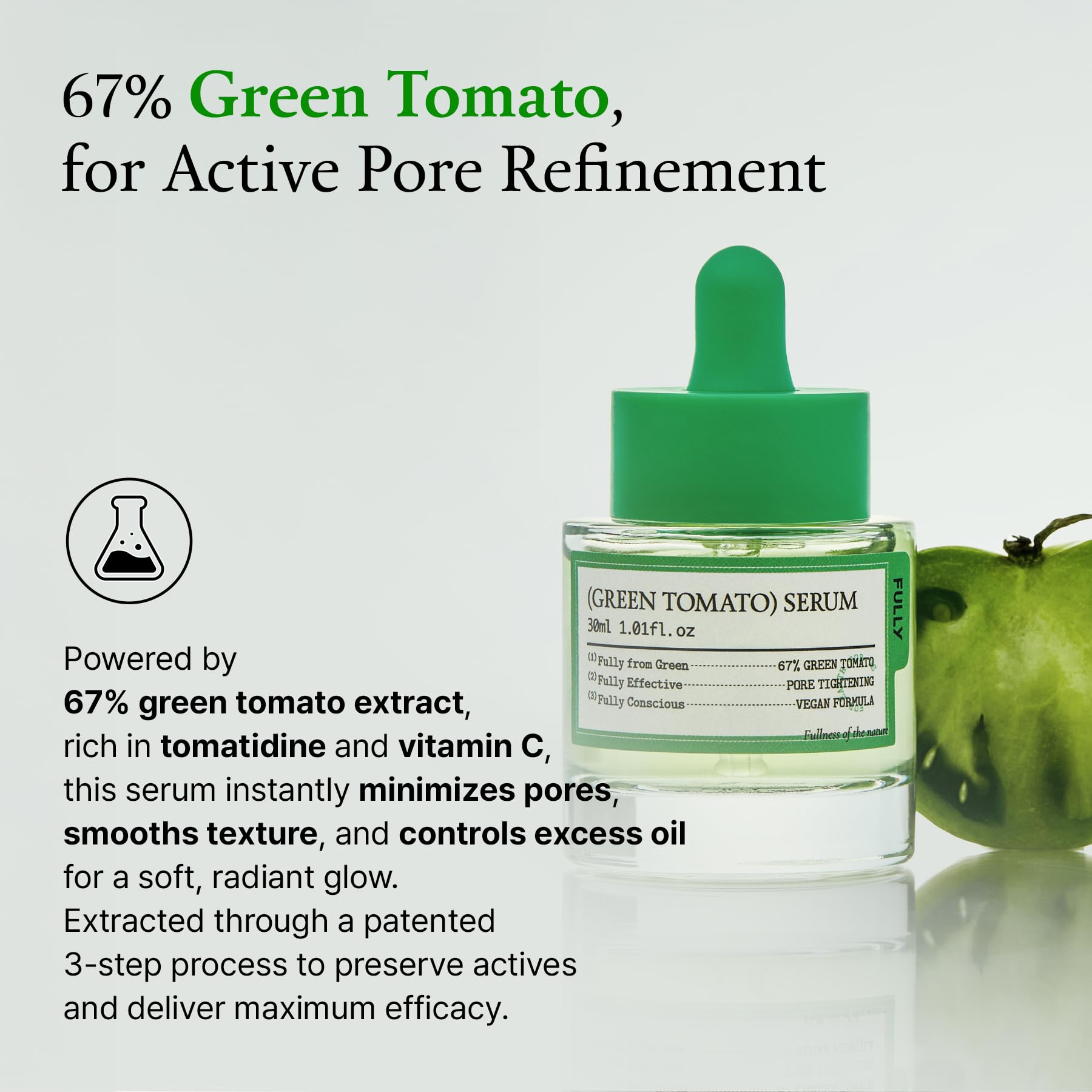 Producto vegano y dermatológicamente probado FULLY serum tomate verde.