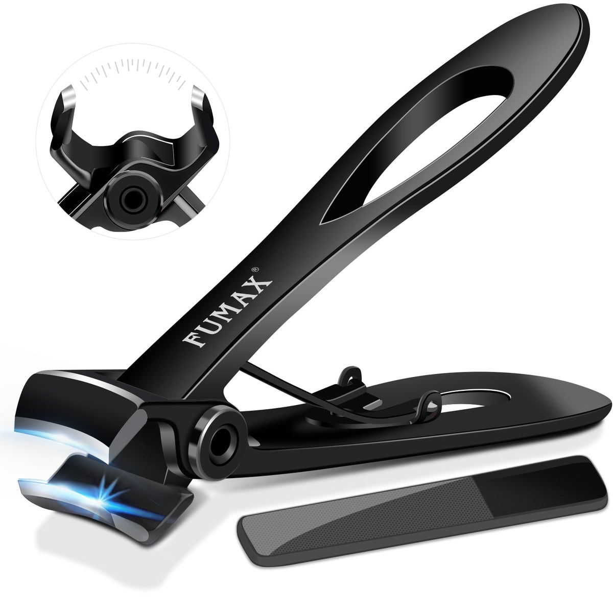 FUMAX toenail clippers with a 15mm wide jaw for thick nails, easy trimming.