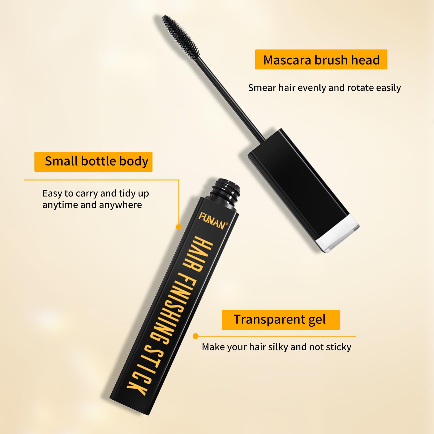 FUNAN Hair Mascara finish stick close-up in hand illustrating instant flyaway control