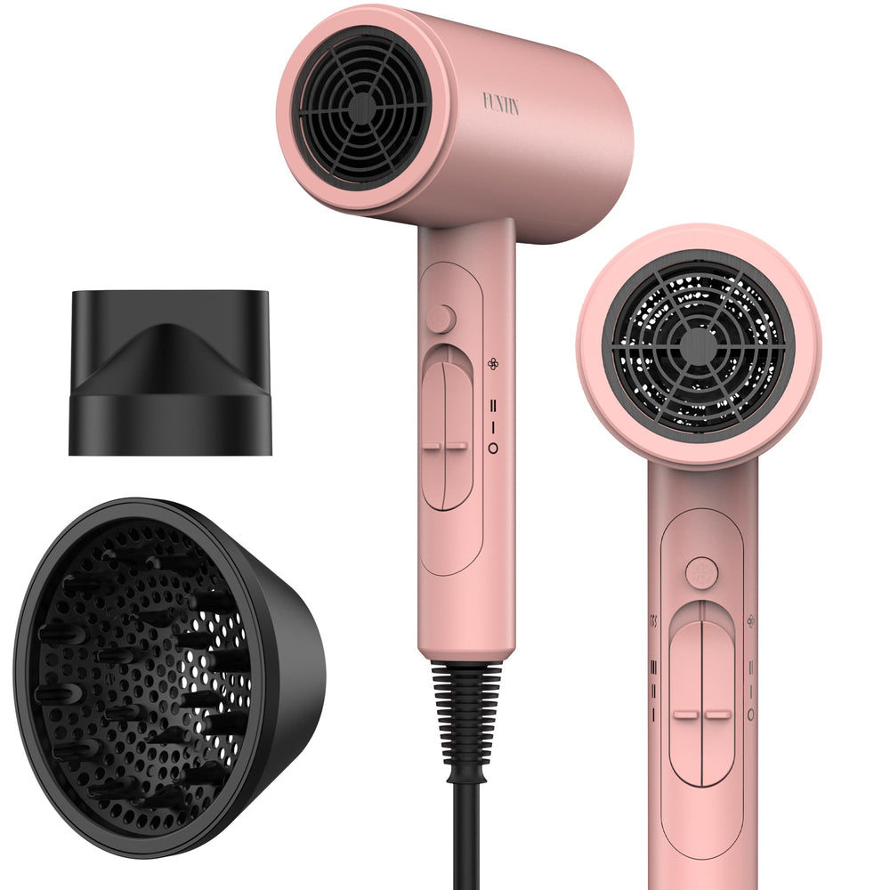 FUNTIN hair dryer with diffuser in baby pink for smooth curls and even airflow