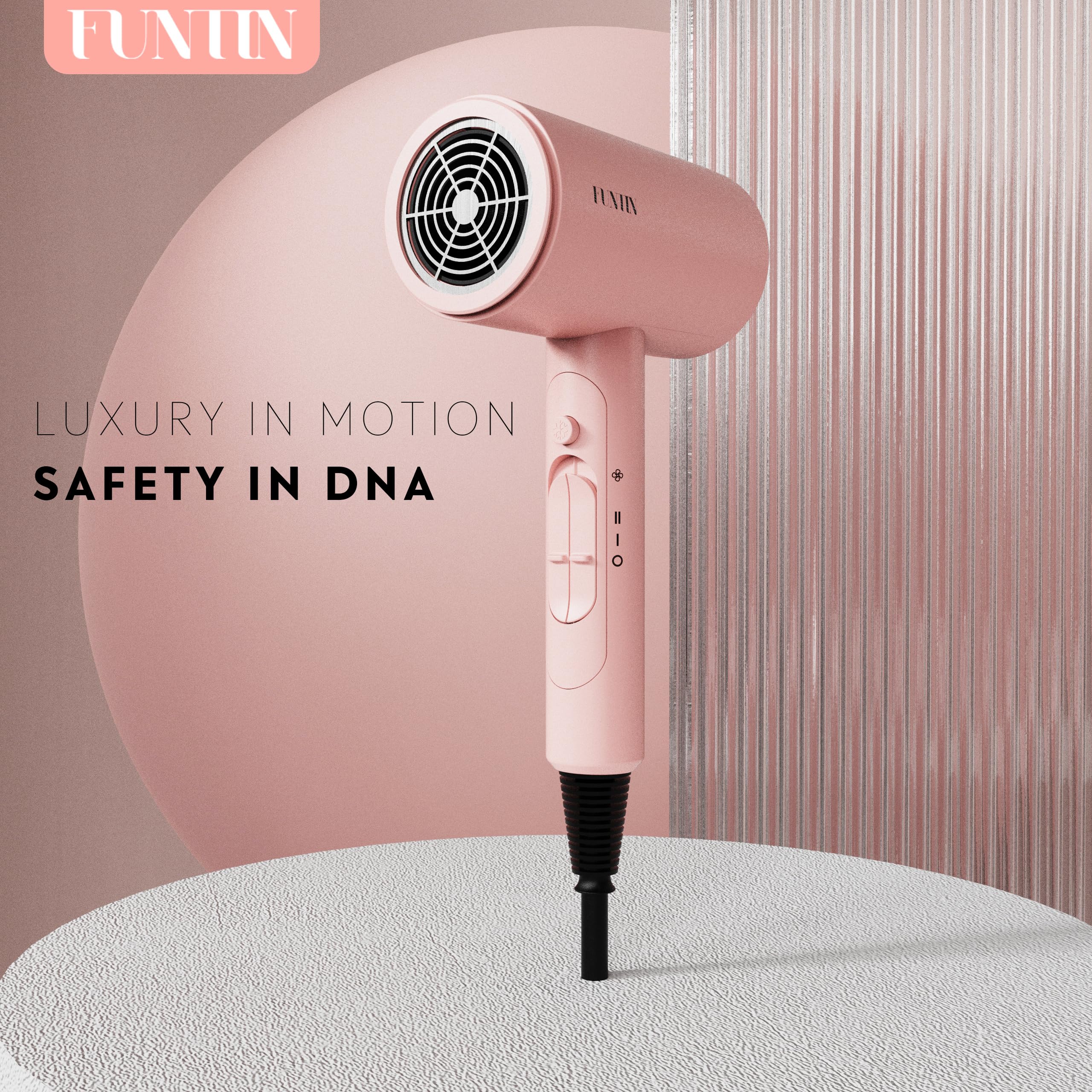 FUNTIN foldable stand shown with dryer in baby pink for neat storage