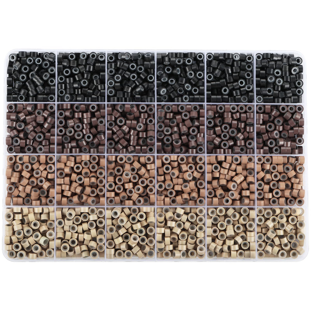 Funtopia silicone beads for hair extensions in a color-coded storage box for easy organization.