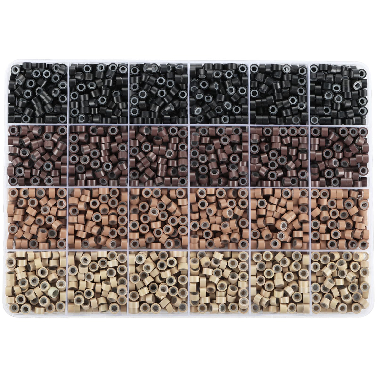 Funtopia silicone beads for hair extensions in a color-coded storage box for easy organization.