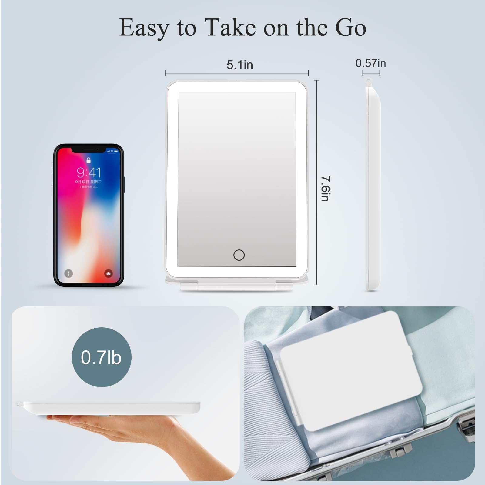 FUNTOUCH high-definition travel mirror in slim ABS-glass build for distortion-free viewing