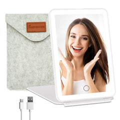 FUNTOUCH rechargeable travel mirror with 72 LEDs for even lighting on the go.