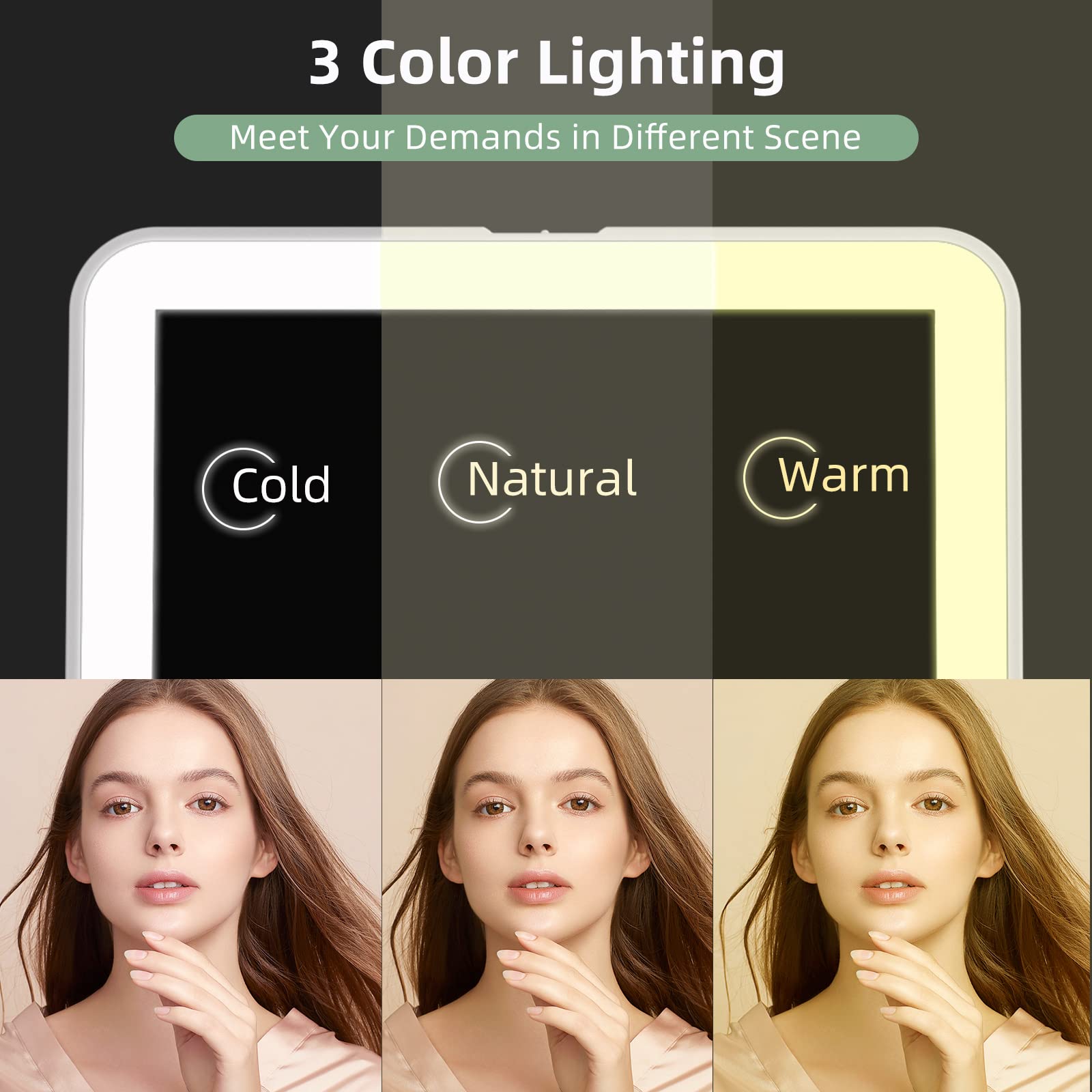 FUNTOUCH mirror offering three lighting modes: warm, white, and cool tones.