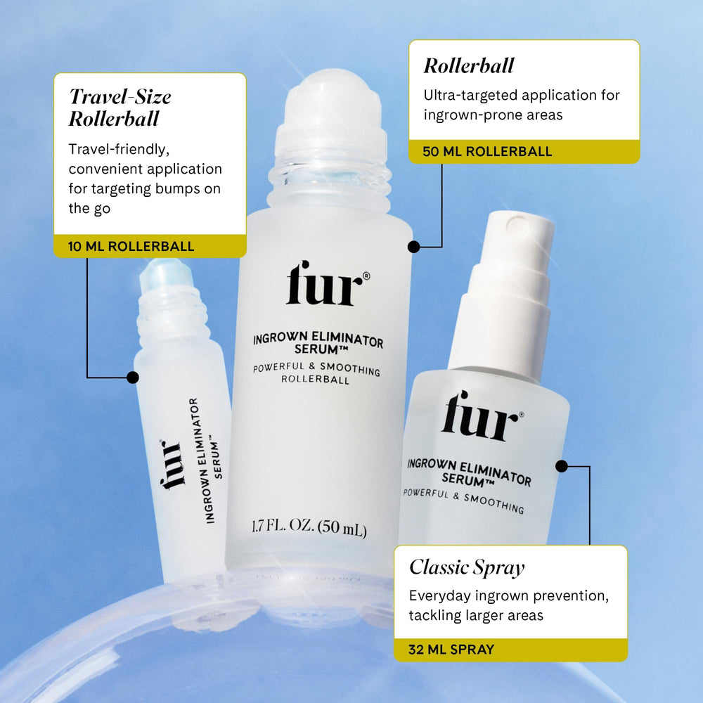 Fur Ingrown Eliminator Serum Rollerball formato viaje para uso diario.