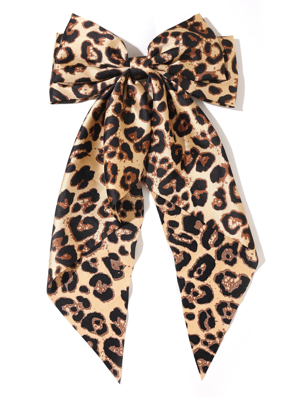 Furling Pompoms leopard satin bow camel close-up highlighting premium material and bold pattern.