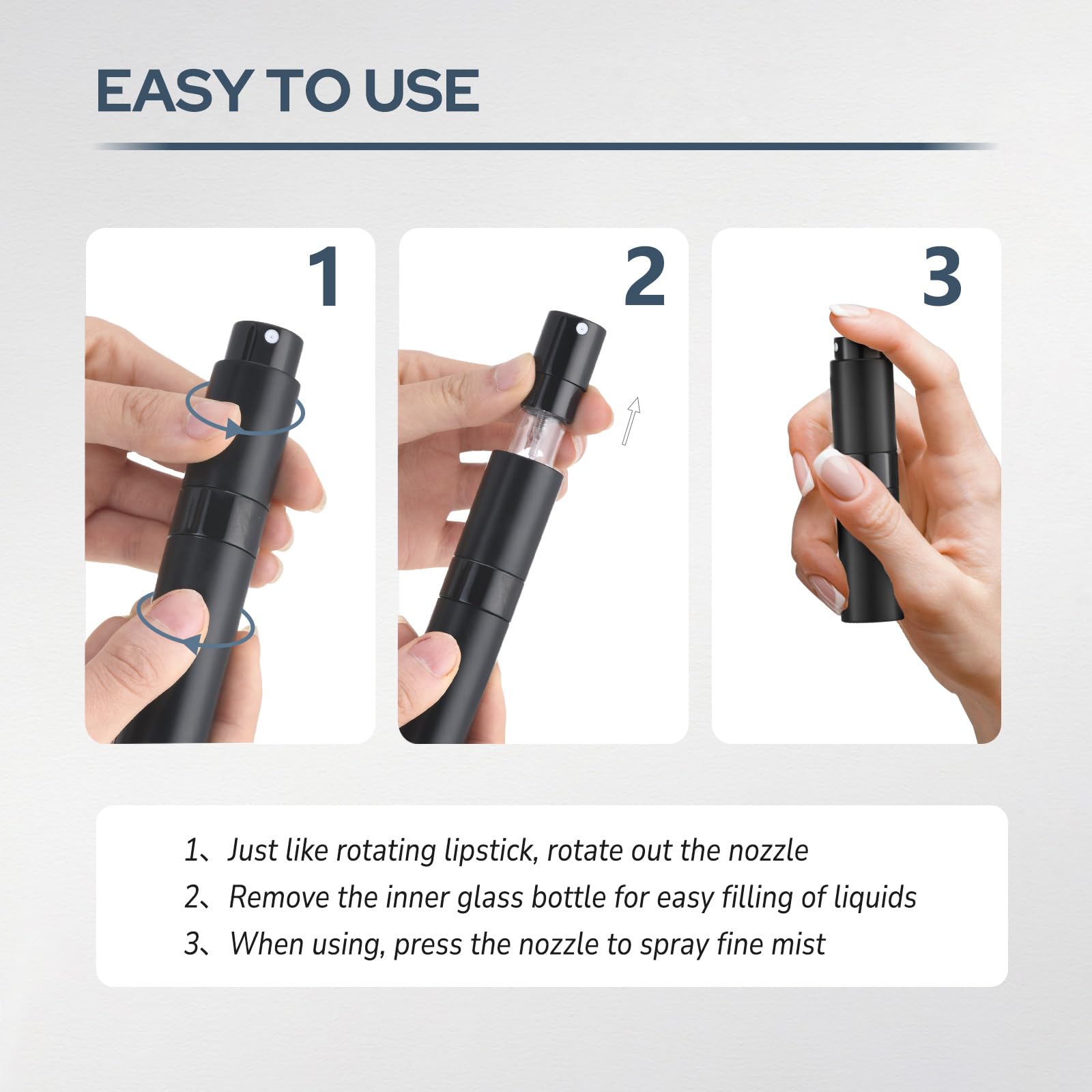 Fusupak purse-friendly bottle keeps fragrance ready throughout the day.