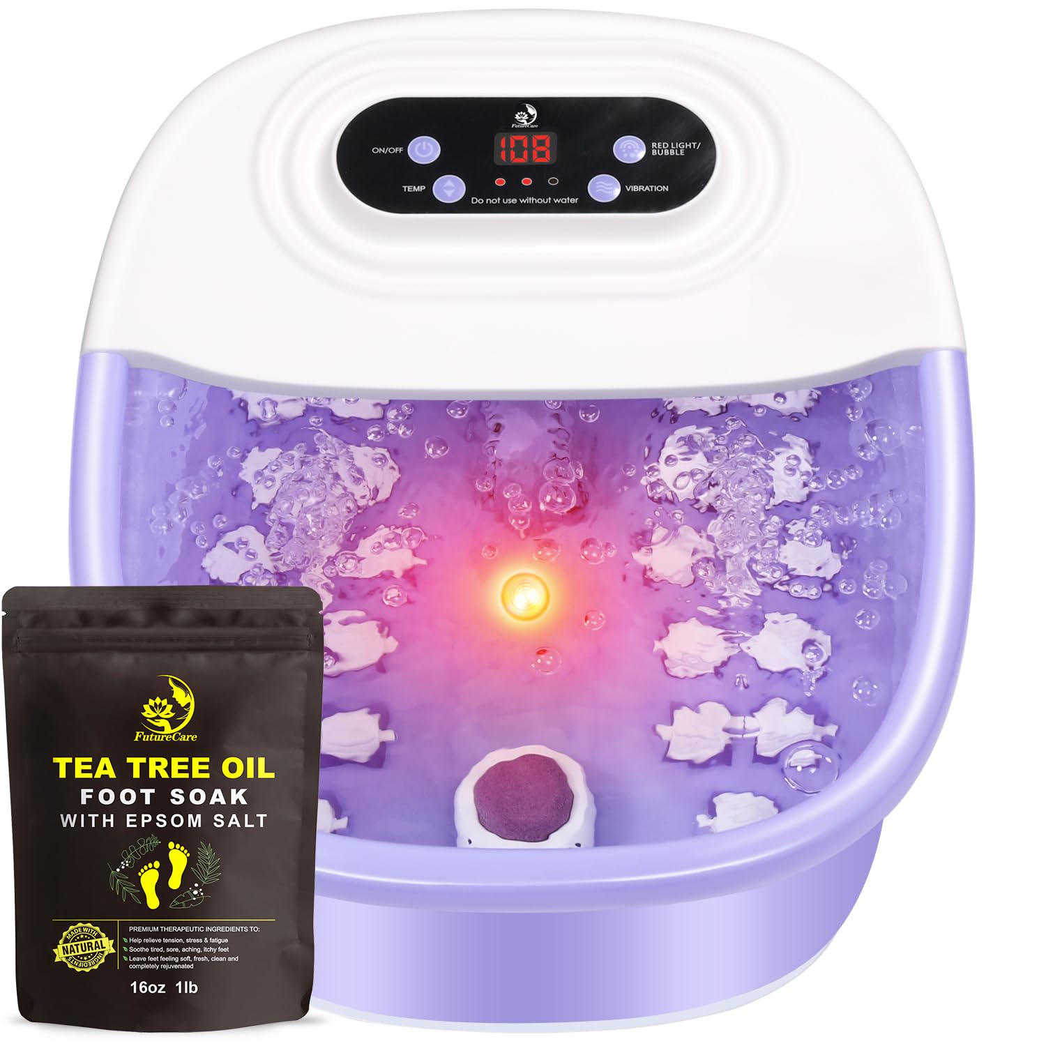 FutureCare Foot Spa Bath Massager shows heat bubbles for a soothing home soak.
