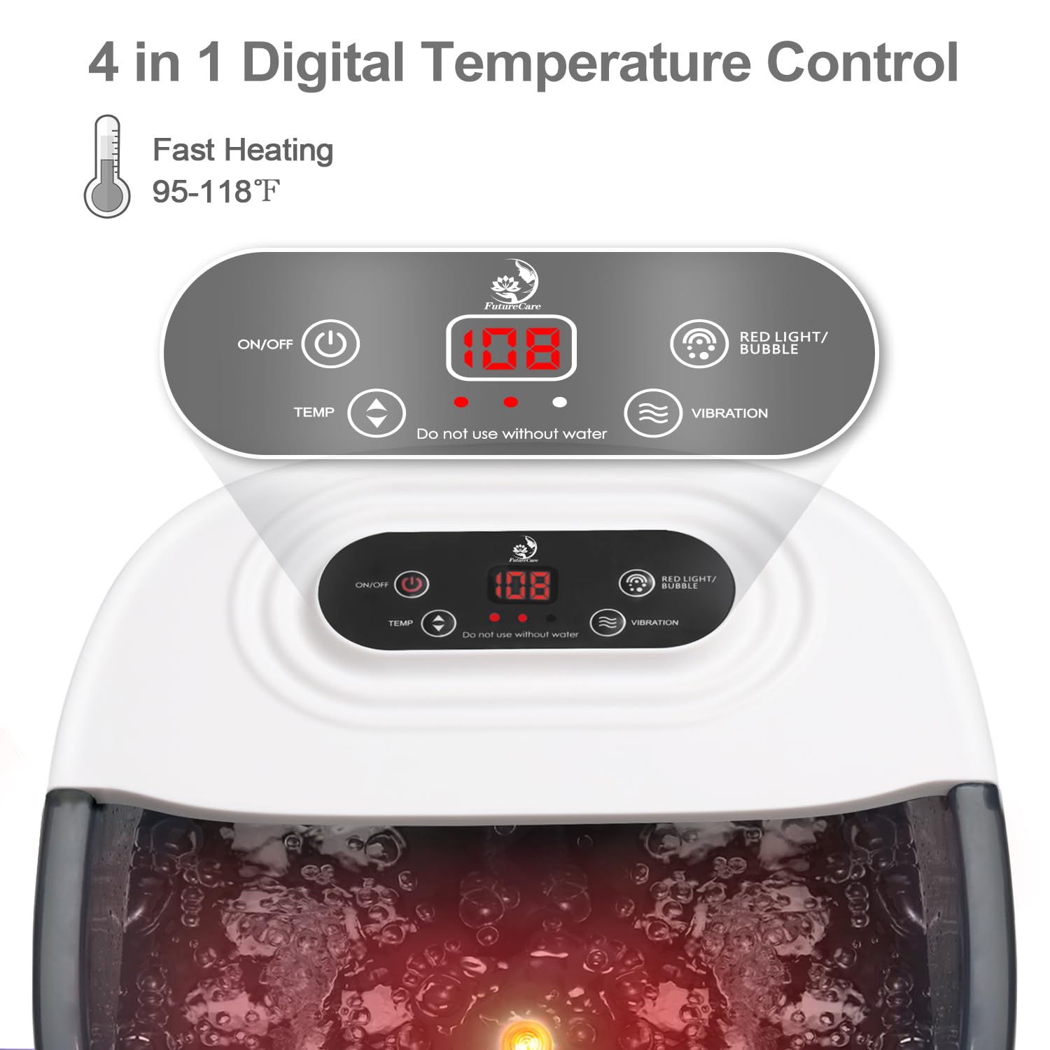 FutureCare foot spa heat control panel showing temperature options