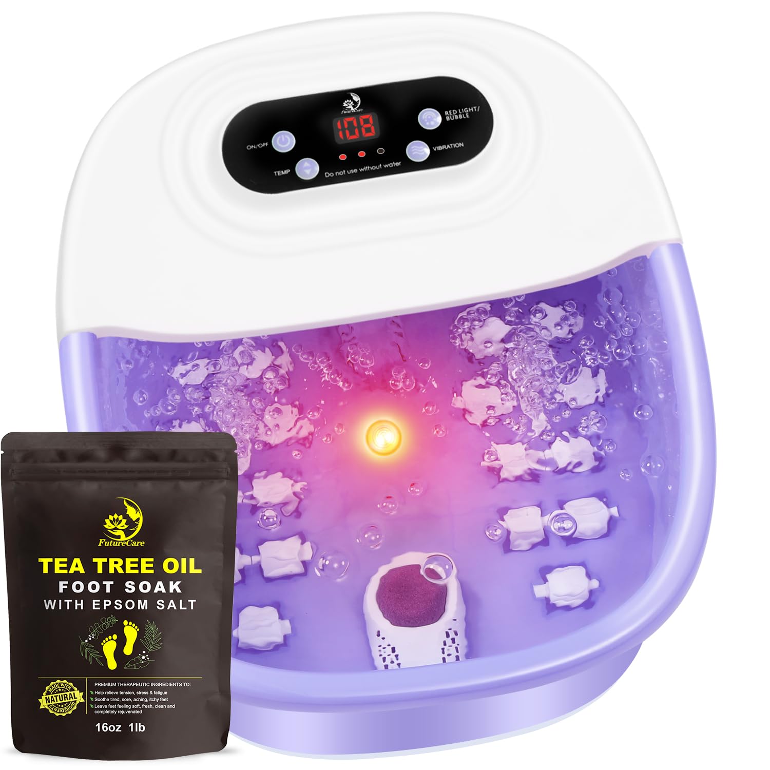 FutureCare Jet bubbles and warm water massage to soften skin and relax feet.
