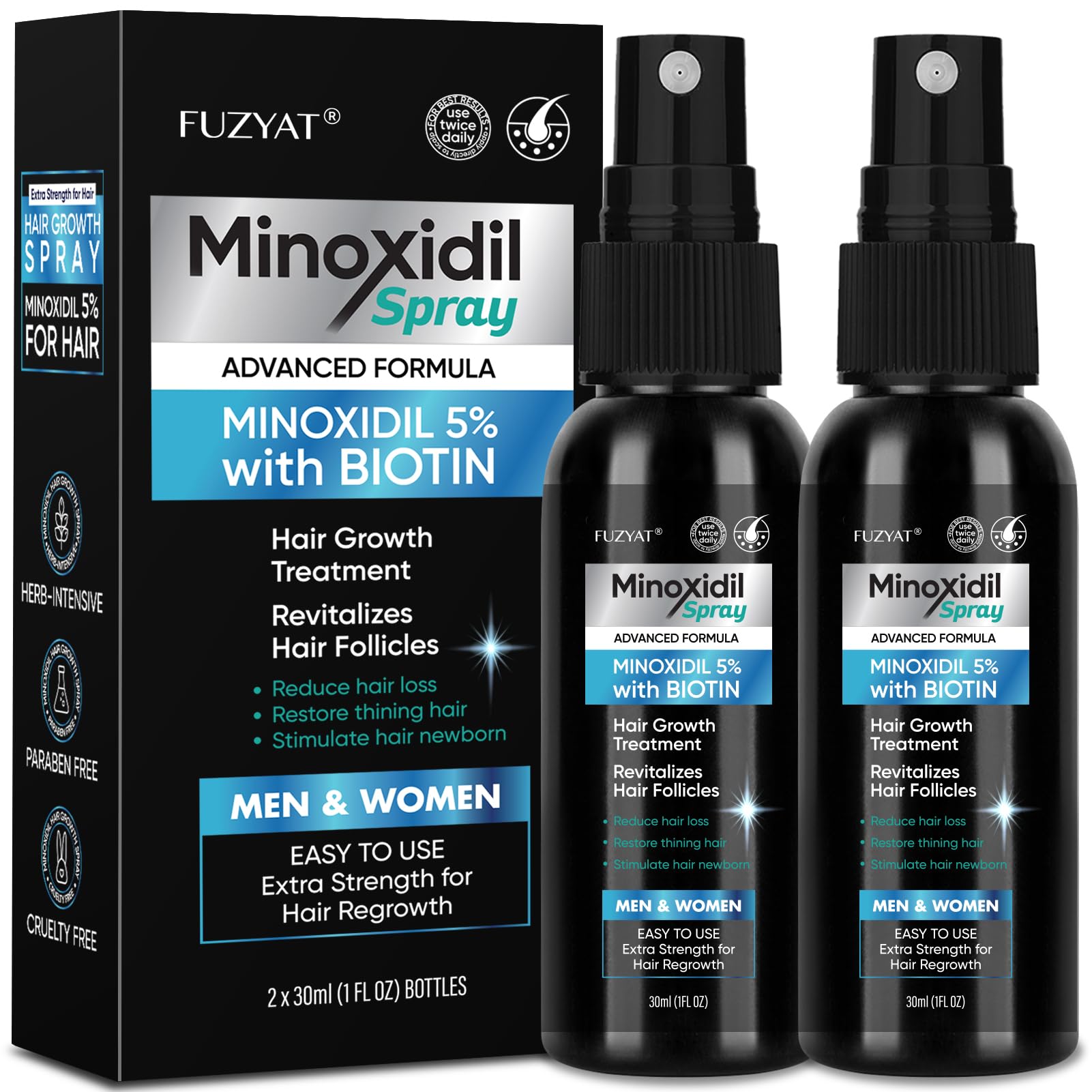 FUZYAT 5% Minoxidil bottle for precise scalp application and growth support.