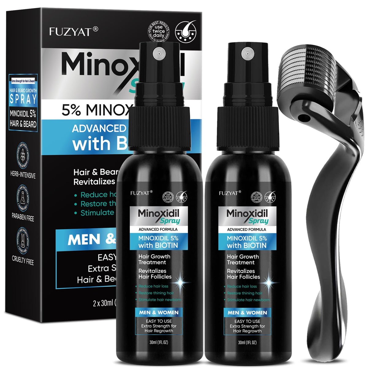 Frasco de FUZYAT Minoxidil 60 ml para uso diario que apoya la densidad capilar.