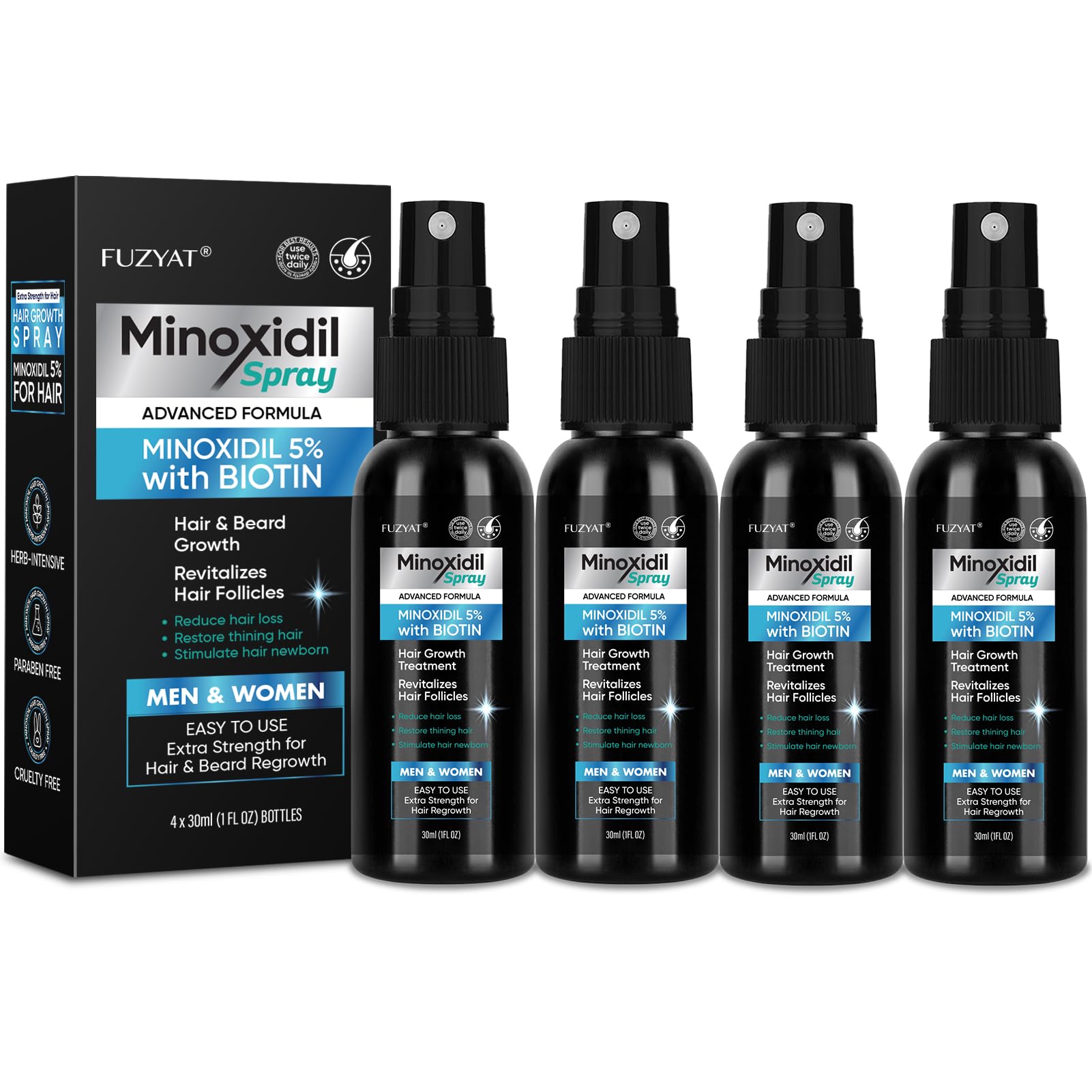 FUZYAT Minoxidil spray bottle releasing a fine mist for scalp use