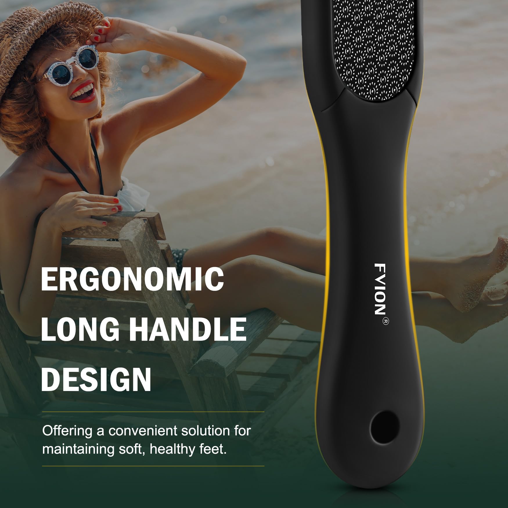 FVION foot file ergonomic handle closeup shows comfortable grip.