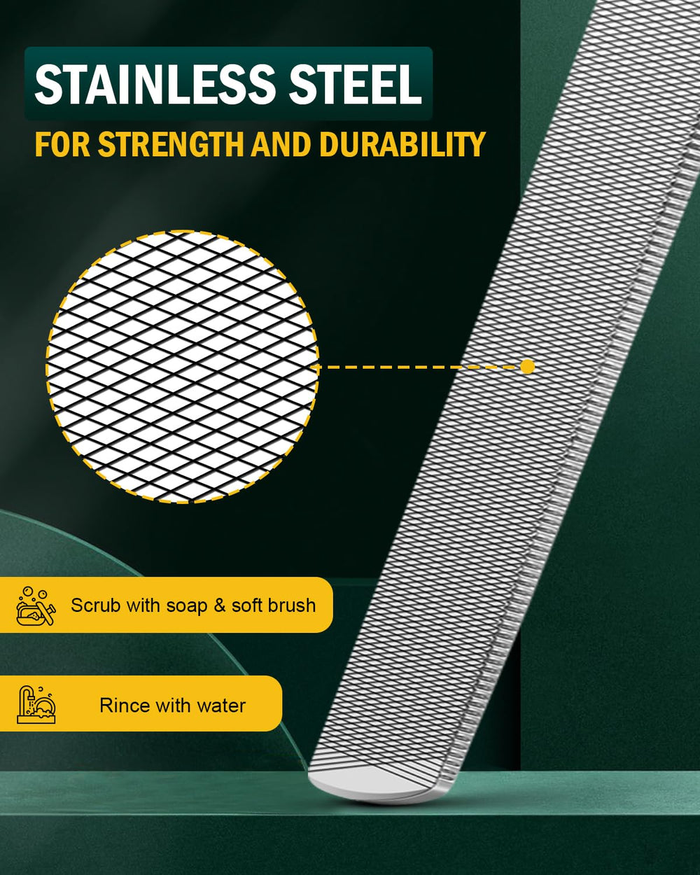 FVION rust-resistant nail file demonstrating easy cleaning under running water