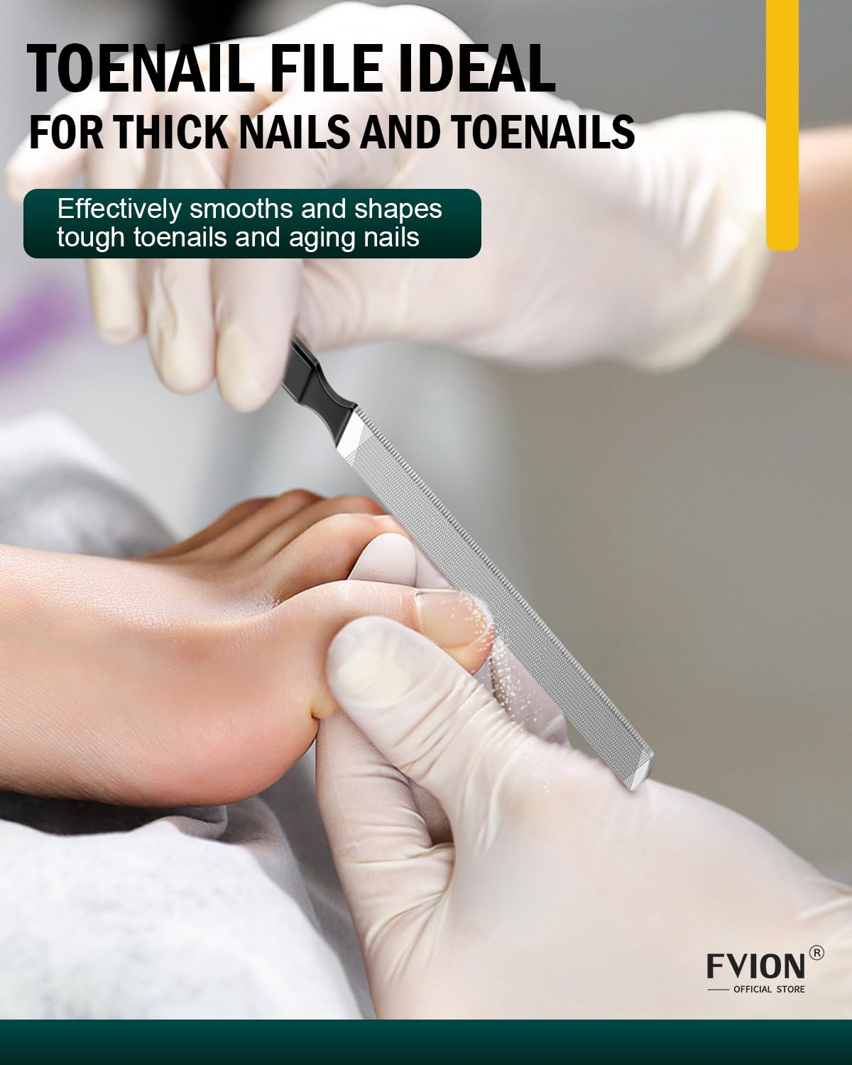 FVION stainless steel toenail file shown for durable, rust-resistant pedicure prep