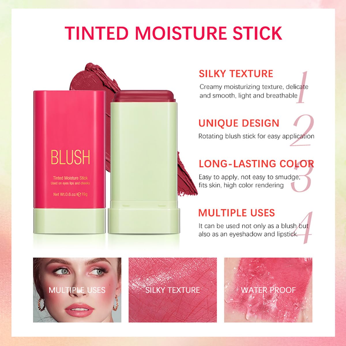 FYEBOO Rich Glow blush stick enhances features with rich color.
