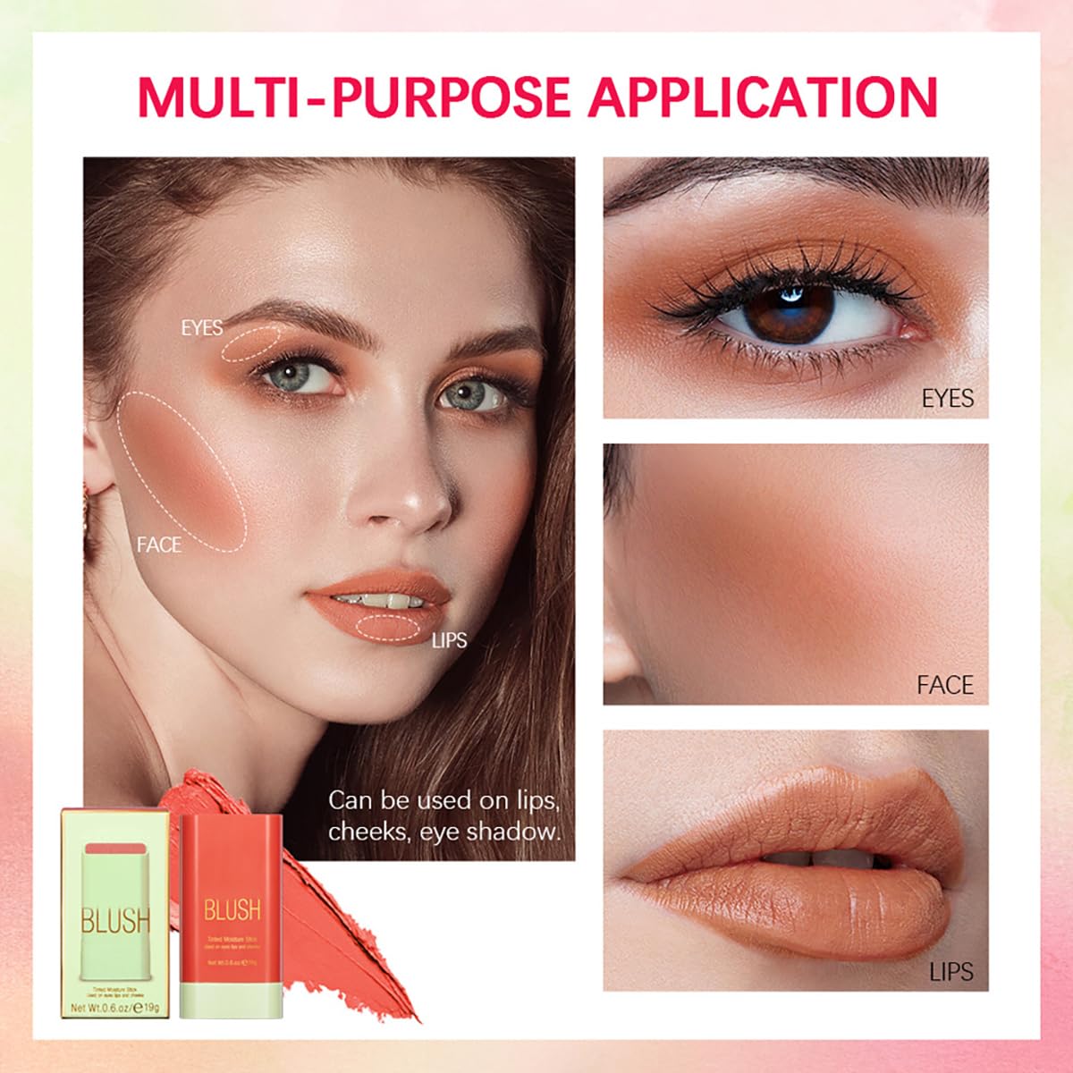 FYEBOO Warm Glow blush stick provides soft warmth on cheeks and lids.