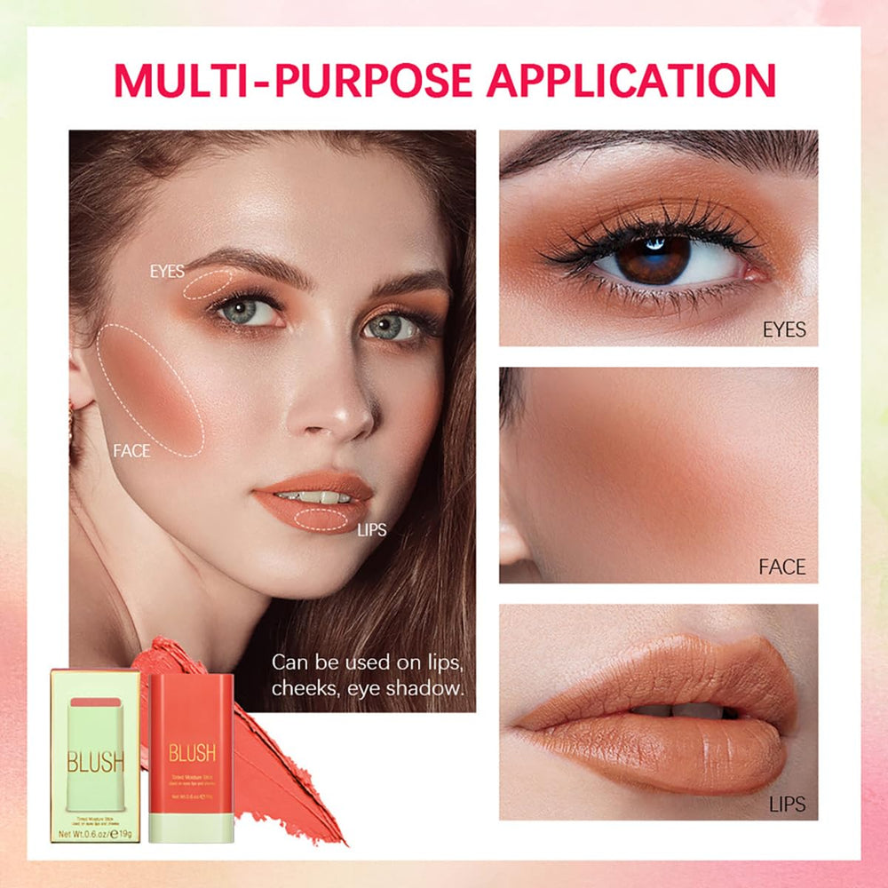 FYEBOO Warm Glow blush stick provides soft warmth on cheeks and lids.