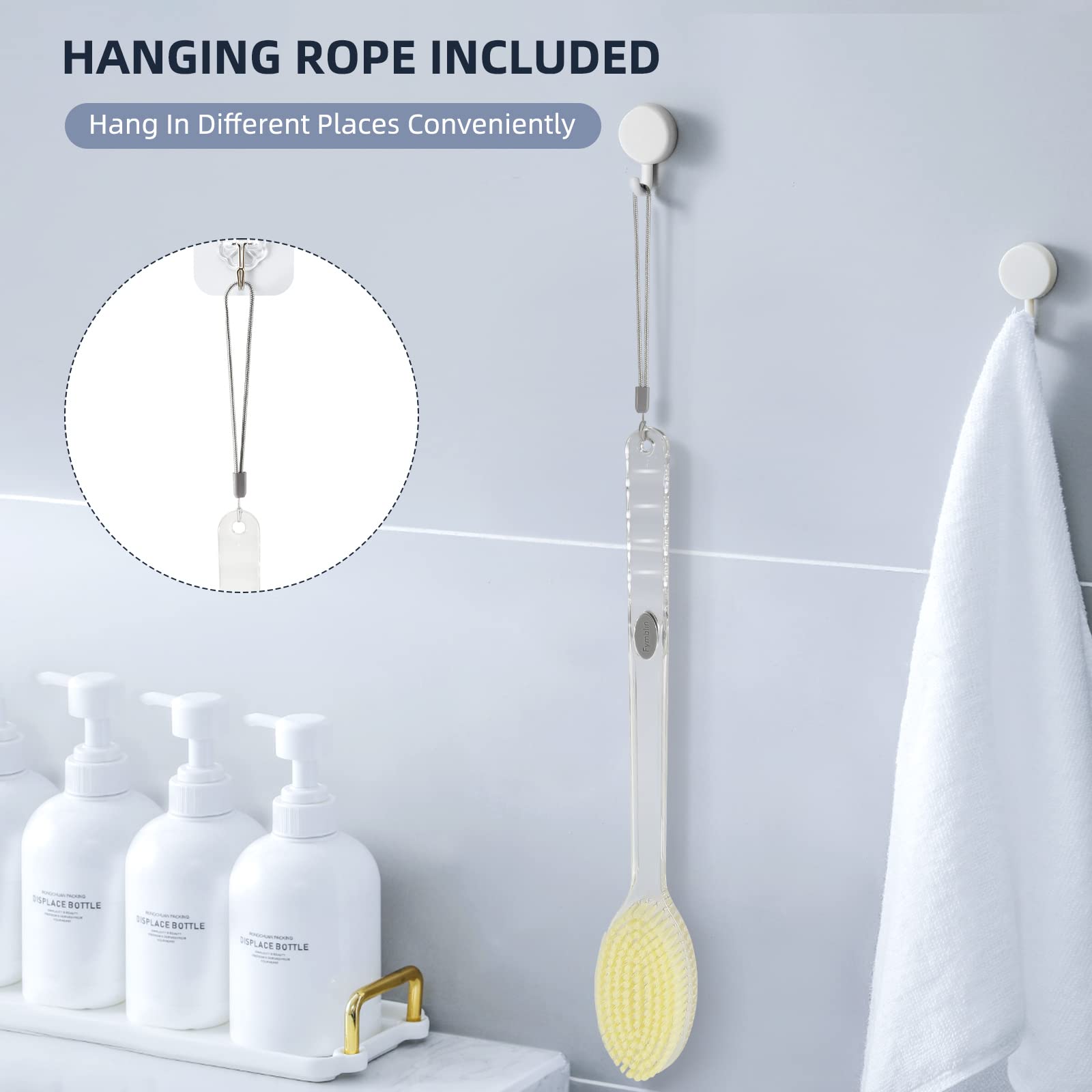 Fymblin shower brush with hanging rope for easy drying.