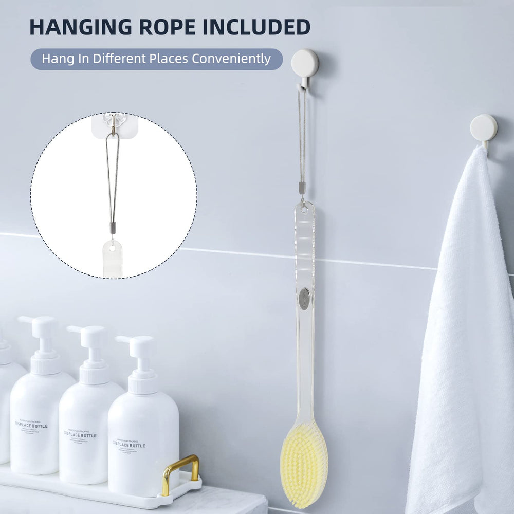 Fymblin shower brush with hanging rope for easy drying.