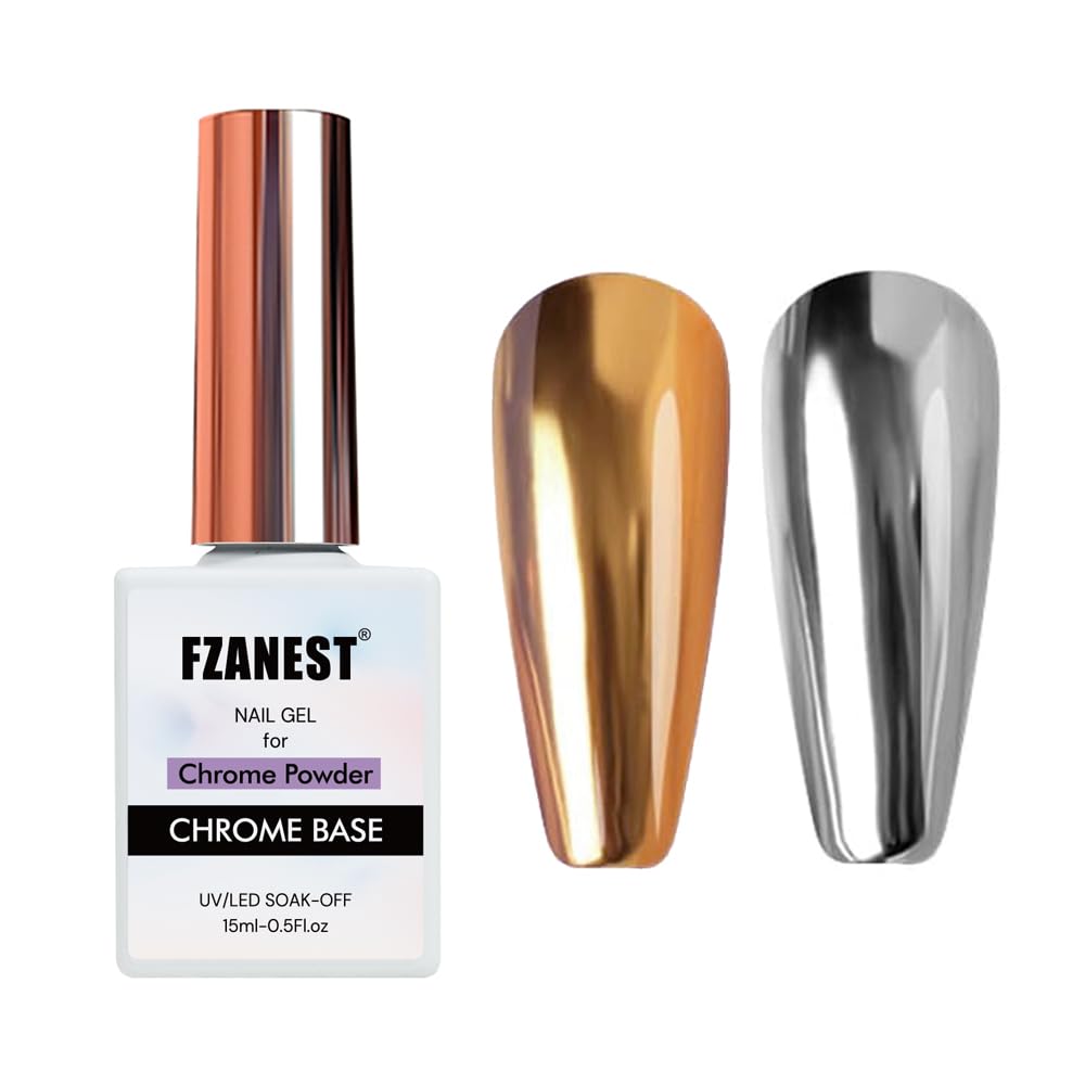 FZANEST base cromada en gel sobre frasco, brillo espejo duradero.