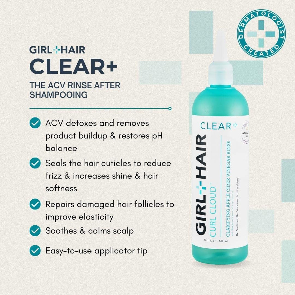 GIRL+HAIR G+H CLEAR+ botella frente a cabello brillante tras uso.