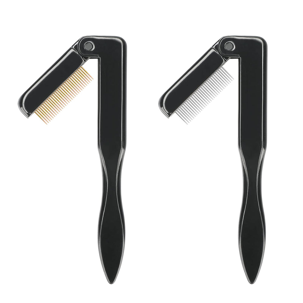 G2PLUS folding eyelash comb compact with metal teeth for sleek on-the-go grooming.