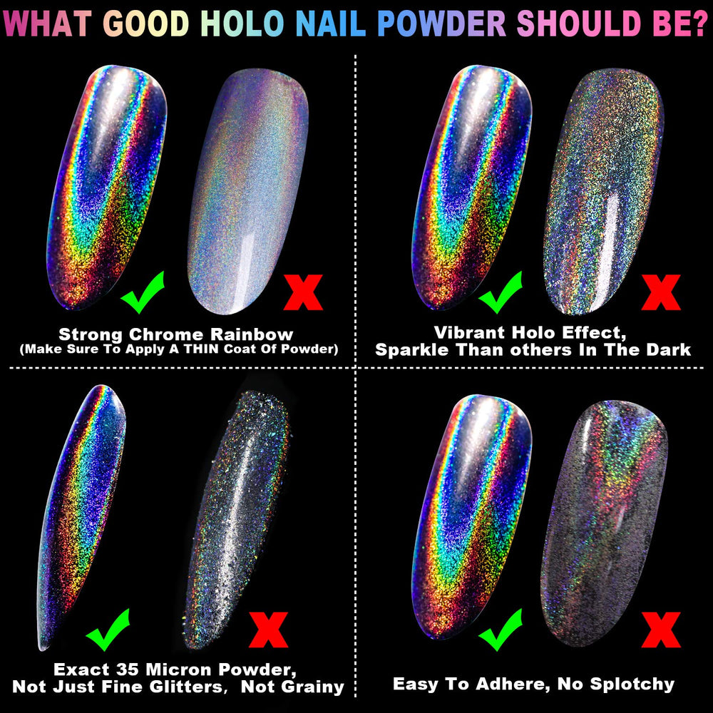 GA&EN efecto holográfico arcoíris realzado en uñas con brillo intenso.