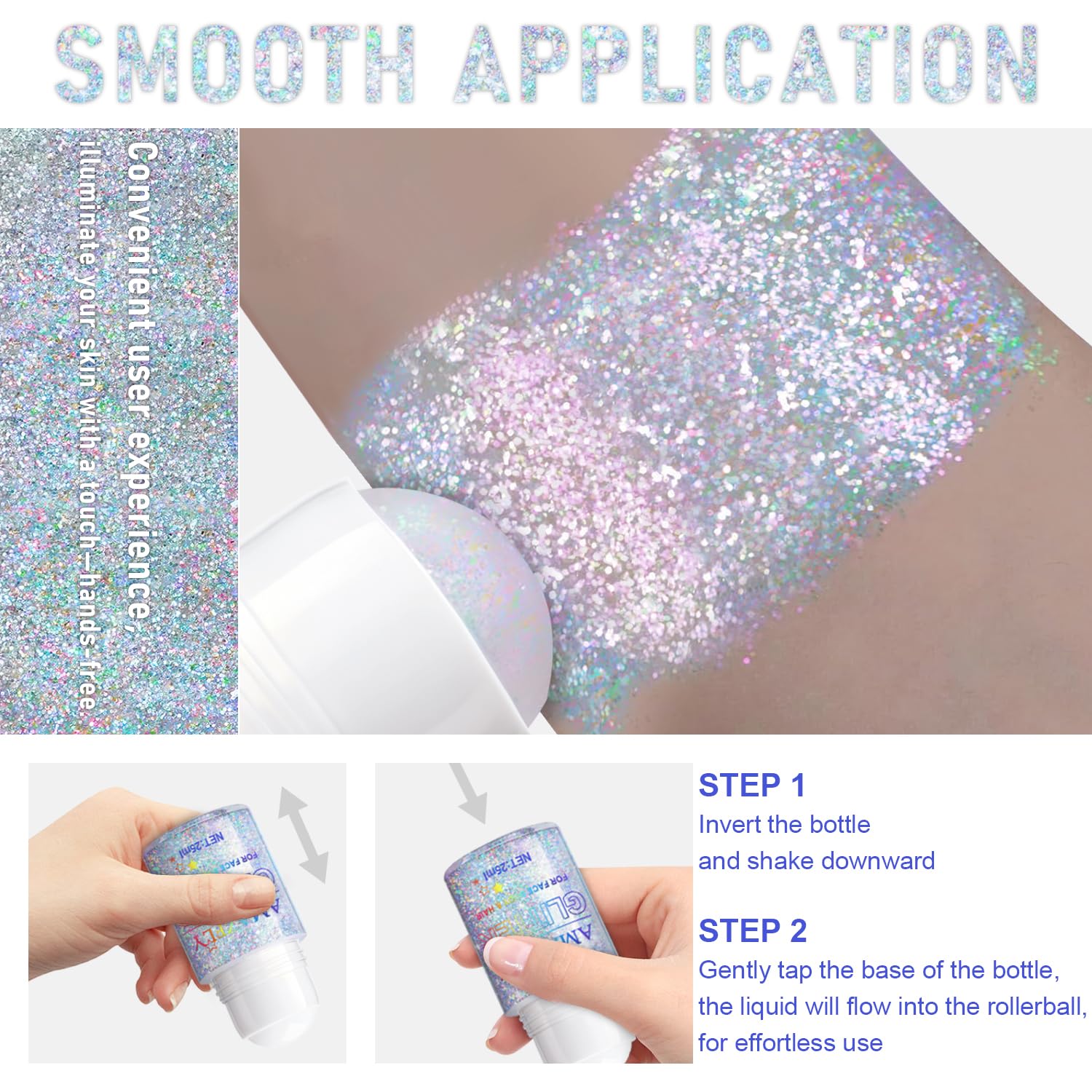 GADMLURY Glint-Rainbow roll-on body glitter delivers color-shift sheen for festival-ready skin.